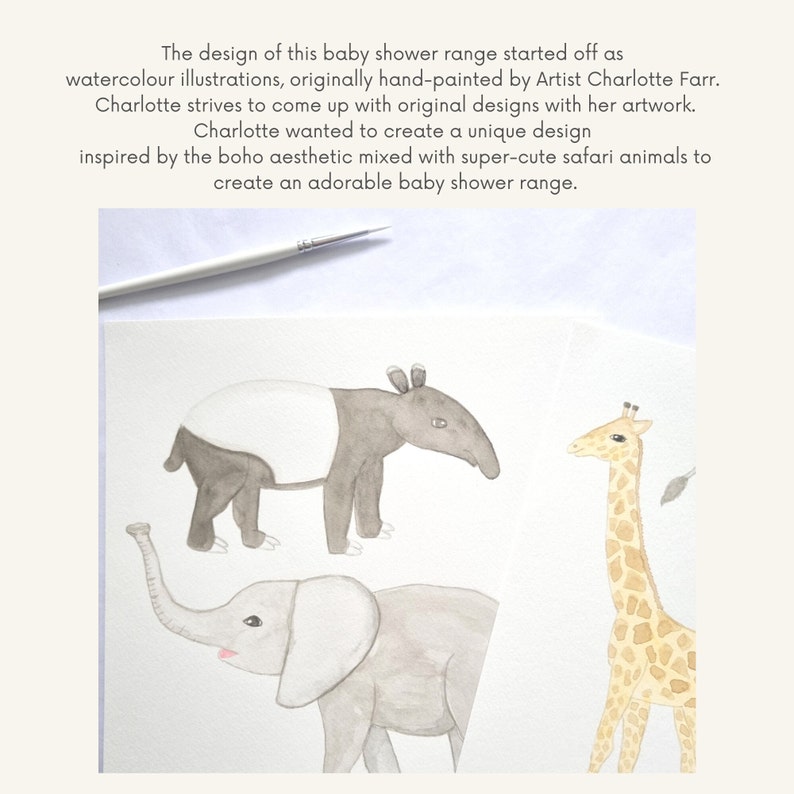 May include: Watercolor illustrations of a tapir, elephant, and giraffe, painted in shades of brown, gray, and yellow. The animals are drawn in a cute, cartoon style, with simple details and expressive eyes. The illustrations are perfect for a baby shower theme.