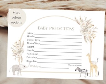 Baby shower prediction cards, baby prediction cards, boho baby shower, neutral baby shower, baby shower games, safari animal baby shower