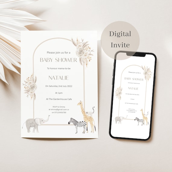 Baby shower invitations, digital invite, phone invitation, boho baby shower, safari theme, neutral baby shower, baby shower invites, evite