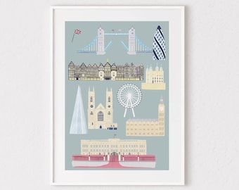 London Landmarks Print, London Print, Tower Bridge Print, Gouache London Painting, Liberty London Print, Big Ben Print, London Art Print