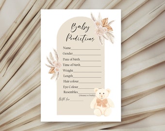 Baby shower prediction cards, baby prediction cards, baby shower bear, neutral baby shower, baby shower games, bear baby shower,