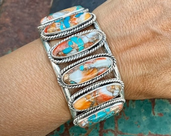 Seven Stone Spiny Oyster Copper Turquoise 925 Sterling Silver Cuff Bracelet