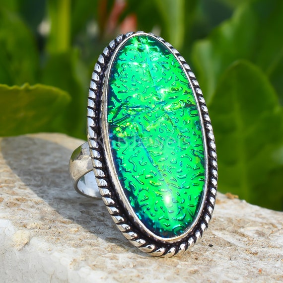 Bague En Argent Sterling Avec Pierre Verte Ovale - Bijou Occasion, Style Vintage, Métal Argenté - Usure Normale