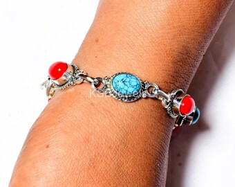 ターコイズ＆コーラルスターリングシルバーブレスレット：ハンドメイド