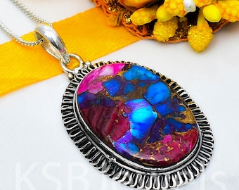 Natural Pink Spiny Oyster Copper Turquoise Oval Pendant, 925 Sterling Silver Statement Necklace