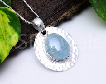 Natural Aquamarine Oval Pendant, Hammered Sterling Silver Necklace, March Birthstone Jewelry