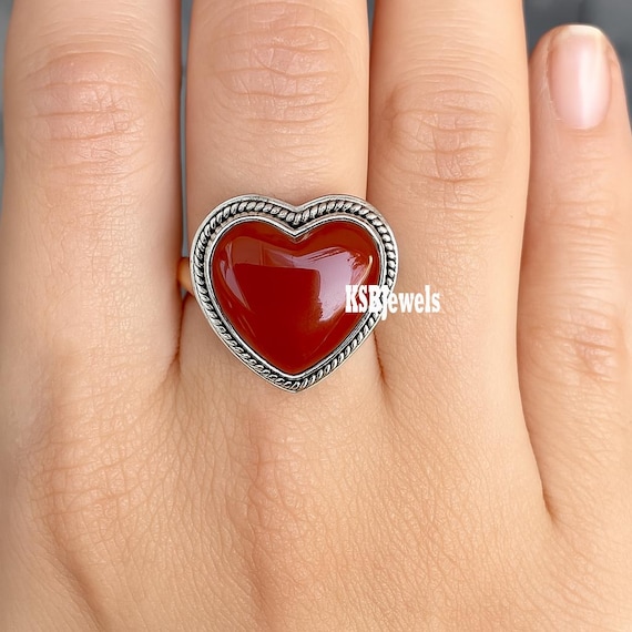 Carnelian Heart Ring: 925 Sterling Silver, Boho Healing Crystal