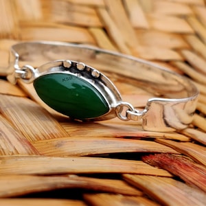 Natural Green Onys Marquise Hook Bangle, 925 Sterling Silver Handmade Hook Cuff, Anniversary Gift, Women Bracelet Bangle, Valentine Sale