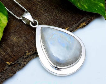 Natural Rainbow Moonstone Pendant in 925 Sterling Silver, Large Pear Shape Blue Fire Moonstone Necklace, June Birthstone Jewelry for Her.