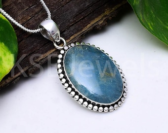 Natural Oval Aquamarine Pendant, Sterling Silver Beaded Necklace, Boho Blue Gemstone, March Birthstone