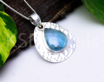 Natural Aquamarine Hammered Silver Pendant, 925 Sterling Silver Teardrop Necklace, March Birthstone Jewelry