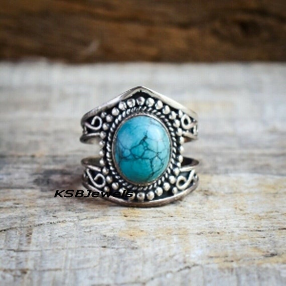 Designer Blue Turquoise Ring 925 Sterling Silver Ring Promise