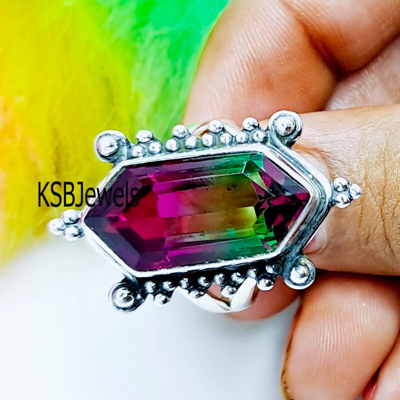 Octagon Wassermelonen-Turmalin Ring: 925 Sterling Silber Bi-Color Handgefertigter Ring - Österreich
