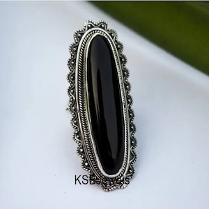 Black Onyx Sterling Silver Ring: Long Oval Antique Design