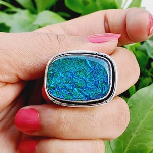 Blue Australian Triplet Opal Ring, 925 Sterling Silver Ring, Boho Ring, Handmade Ring, Promise Ring, Cushion Ring, Australian Triplet Opal