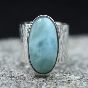 Handcrafted Larimar Ring: Bohemian 925 Sterling Silver Band