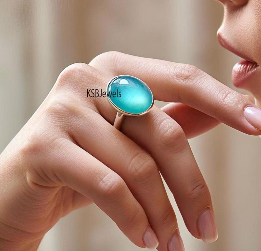 Oval Aqua Chalcedony Ring, Handmade Gemstone Jewelry, Promise Ring, Statement Jewelry, Gift For Her, Minimalist Jewelry