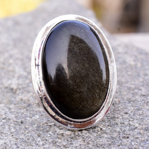 Natural Golden Black Obsidian Ring, 925 Sterling Silver Ring, Mens Wedding Ring, Large Oval Gemstone Band, Statement Ring, Independence Day