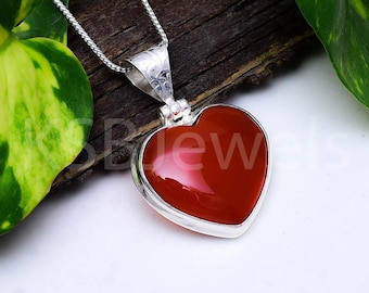 Natural Carnelian Heart Pendant, 925 Sterling Silver Necklace, Romantic Gemstone Jewelry