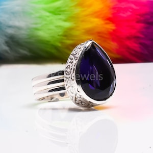 Anillo de amatista, anillo de joyería de plata esterlina 925 estilo bohemio, anillo hecho a mano con piedra preciosa de amatista, anillo en forma de lágrima, anillos llamativos, regalo de boda