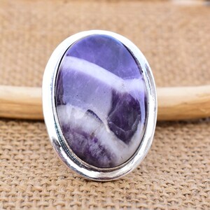 Amethyst Lace Agate Statement Ring: Oval Gemstone Band