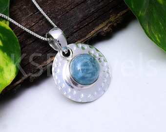 Natural Aquamarine Round Pendant, Hammered Sterling Silver Disc Necklace, Boho March Birthstone Jewelry