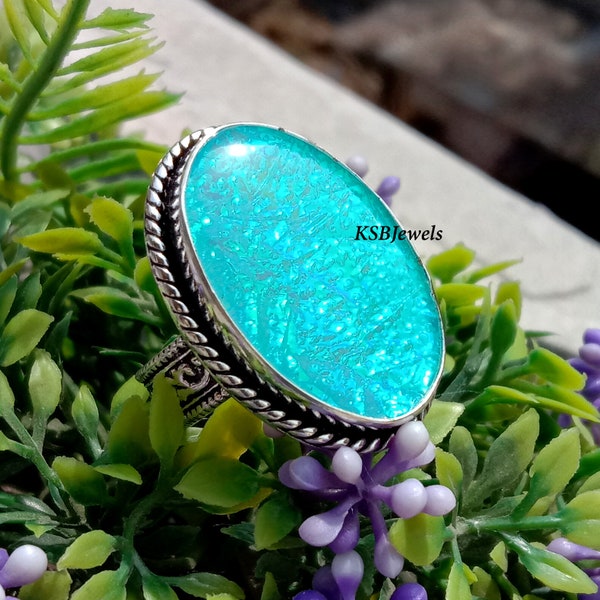 Australian Blue Fire Opal Ring, Big Stone Ring, Vintage Band Ring, 925 Sterling Silver Ring, Handmade Ring, Boho Ring, Valentine's Day gift