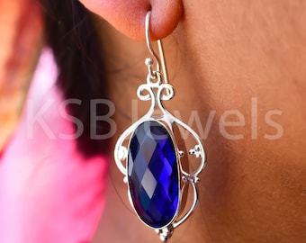 Blue Crystal Sterling Silver Earrings: Dark Tanzanite S-hook Design