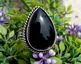 Anillo de ónix negro en forma de pera, anillo de banda vintage, anillo hecho a mano, anillo de ónix en forma de lágrima, anillo de plata boho, anillo negro para ella, anillo del día de la madre