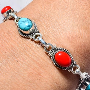 Turquoise & Coral Sterling Silver Bracelet: Handmade Adjustable Chain