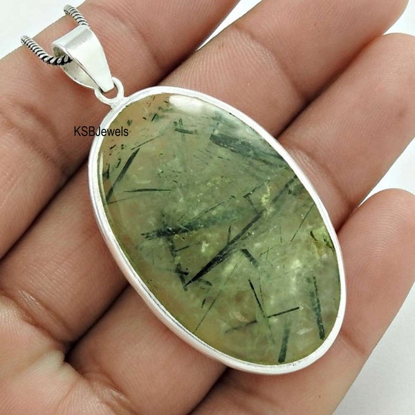 Natural Rutilated Prehnite Pendant, Big Oval Shape Pendant, 925 Sterling Silver Pendant, Handmade Pendant, Valentine Sale, Gift For Her