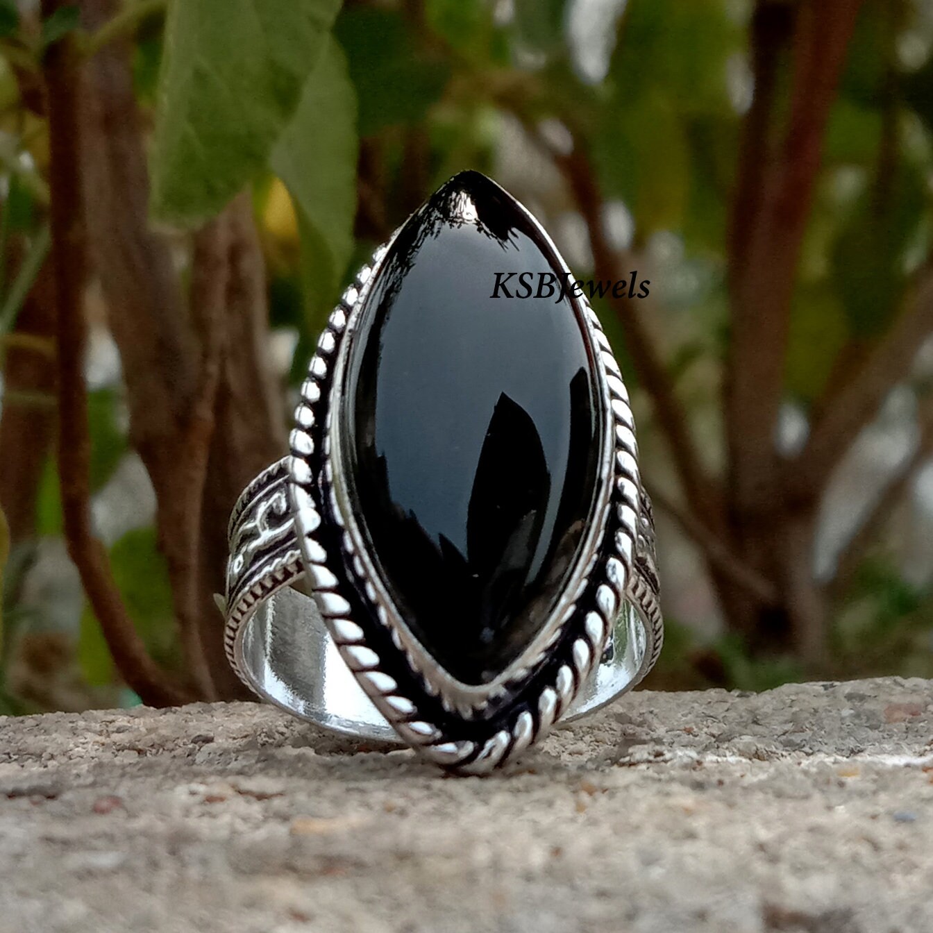 Black Onyx Oval Ring - 925 Sterling Silver, Vintage Bohemian Style, US Sizes 5-9 Available