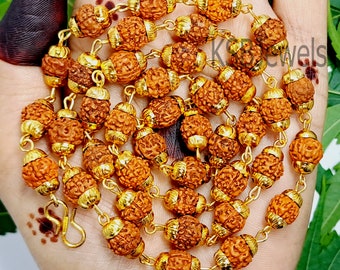 LAB CERTIFIED 100% Natural Rudraksha Mala 5 Mukhi 5 faces, Sacred Rudraksha with Gold-Plated Cap , Healing Meditation Mala, Spiritual Mala