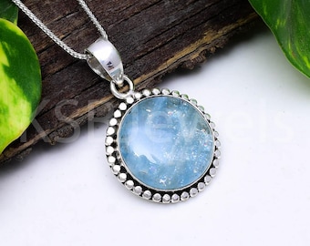Round Aquamarine Bezel Pendant, 925 Sterling Silver Necklace, March Birthstone Artisan Jewelry