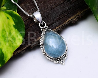 Natural Aquamarine Teardrop Pendant, 925 Sterling Silver Boho Necklace, March Birthstone