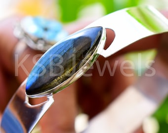 Handmade Labradorite Cuff: 925 Sterling Silver Boho Statement Jewelry