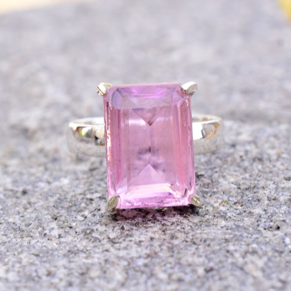 Kunzite Ring, 925 Solid Sterling Silver Ring, Beautiful Emerald Cut, Pink Kunzite Quartz Gemstone, Prong Set jewelry, Independence Day