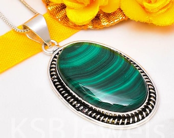 Natural Malachite Oval Pendant Necklace, 925 Sterling Silver Boho Jewelry