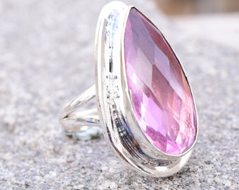 Pink Kunzite Ring, Handmade Ring, 925 Sterling Silver Ring, Plain Band Ring, Prong Set jewelry, Statement Ring, Independence Day
