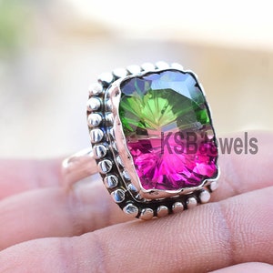 Flower Cut Watermelon Tourmaline Ring: Handmade 925 Sterling Silver