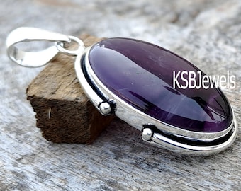 Oval Amethyst Pendant: 925 Sterling Silver Cabochon, February Birthstone