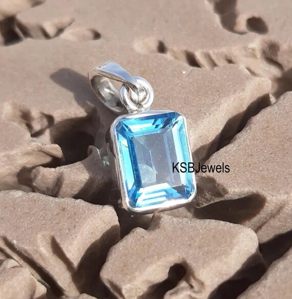 Pendentif Argent 925 Fait Main, Pierre Topaze Bleue London Blue Créée En Labo