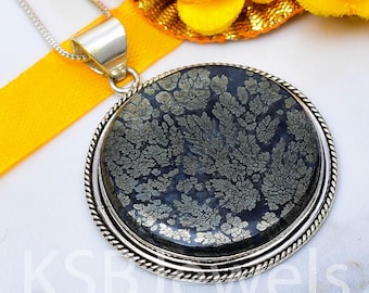 Natural Marcasite Agate Pendant, Sterling Silver Statement Jewelry, Round Boho Gemstone