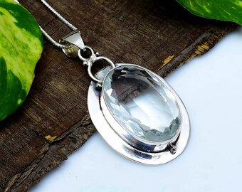Silver Topaz Pendant in 925 Sterling Silver, Large Oval Gemstone Necklace, Clear Crystal Jewelry for Her, Anniversary Gift for Wife.
