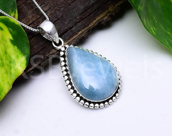 Natural Aquamarine Pear Pendant, 925 Sterling Silver Teardrop Gemstone Necklace, March Birthstone Jewelry