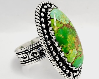 Green Kingman Turquoise Sterling Silver Ring: Three Stone Pebble Design ...