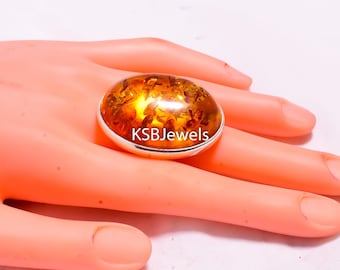 Baltic Amber Ring, Oval Cabochon, Sterling Silver, Bohemian Jewelry