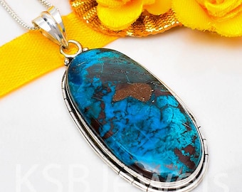 Natural Blue Copper Turquoise Pendant, Sterling Silver Oval Gemstone Necklace