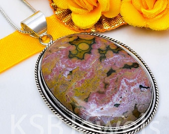 Natural Ocean Jasper Oval Pendant | 925 Sterling Silver Boho Statement Necklace