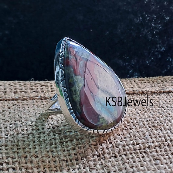 Natural Dragon Blood Ring, Pear Cabochon Ring, 925 Sterling Silver